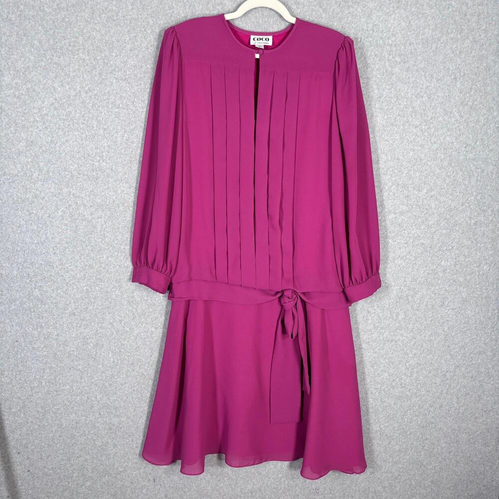 Vintage 80s Coco California Dress Medium Pink Fuchsia Pleated Drop Waist Bow